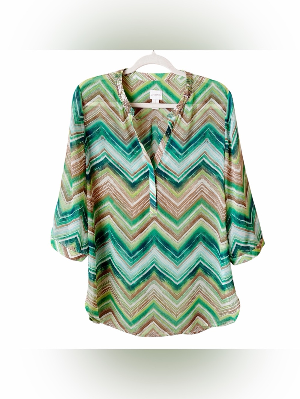 Chico’s | Sheer Watercolor Chevron Tunic Top V-neck Sequins Green Tan Size 1